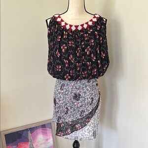 Michel Klein Cher Floral Navy Blue and Red Beaded Blouson Dress Size XS